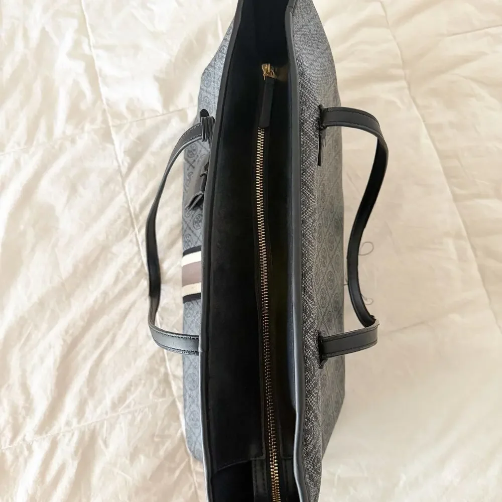 Tory Burch T Monogram Coated Canvas Large Tote Shopper Bag Gray Black Leather